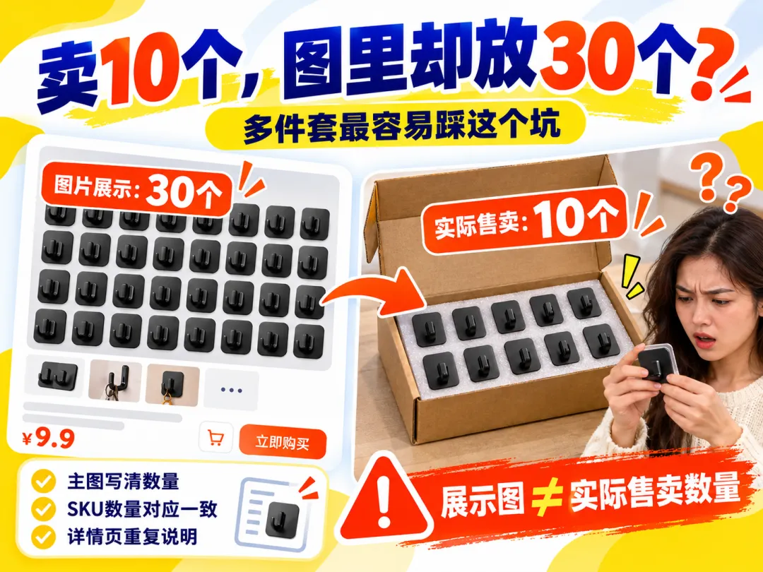 多件套展示数量与实际不符引发投诉的对比示意