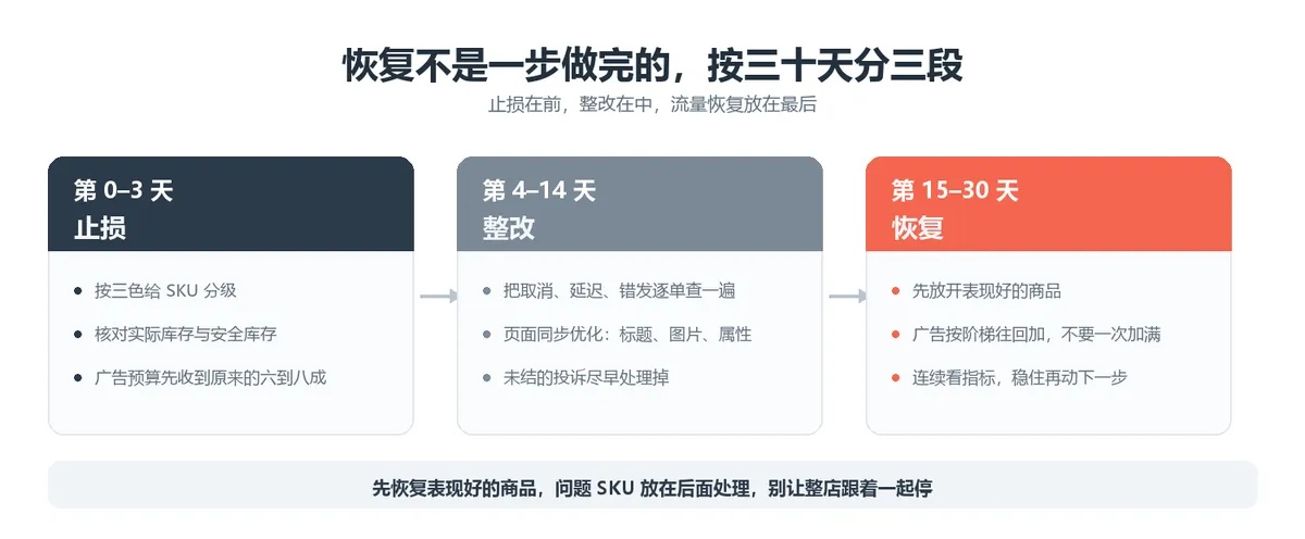 30天恢复节奏：0-3天止损、4-14天整改、15-30天恢复
