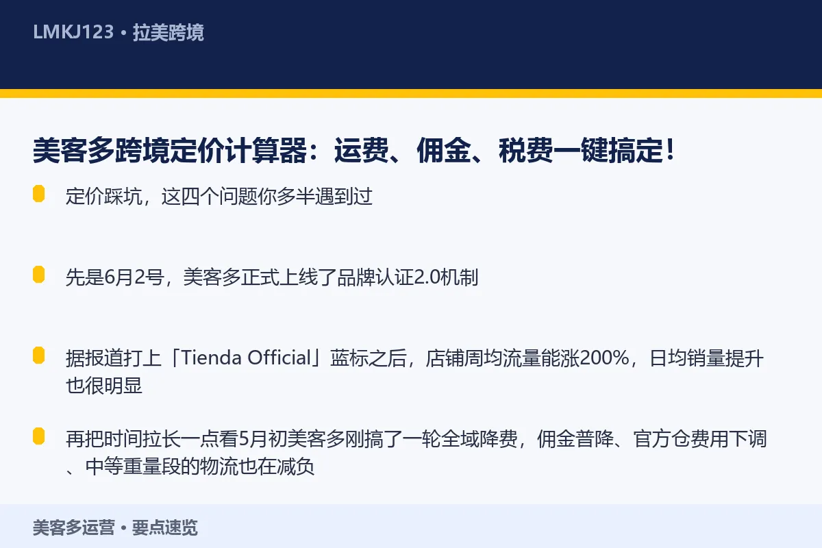 美客多跨境定价计算器：运费、佣金、税费一键搞定！ 要点速览